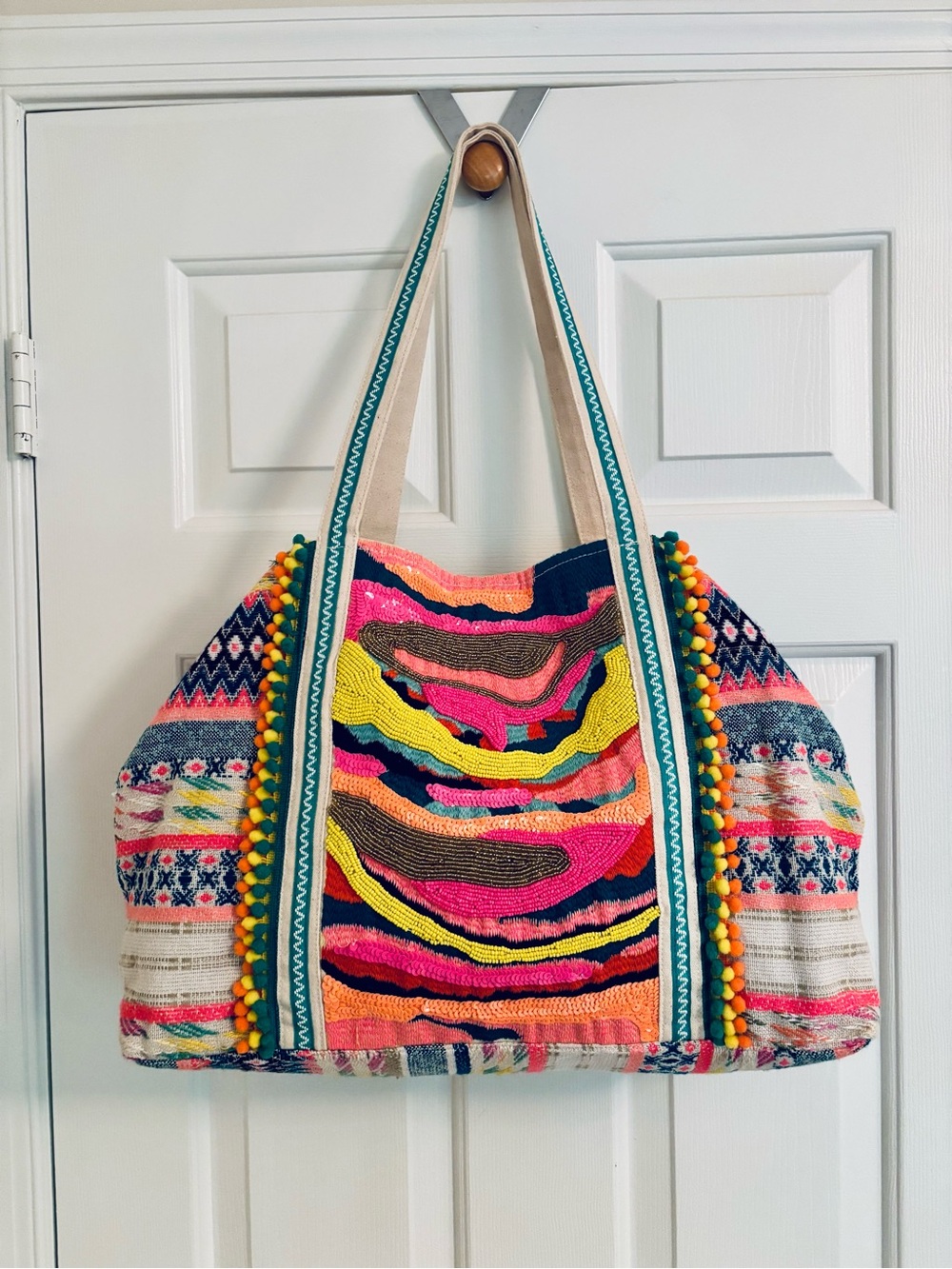 America and Beyond Boho colorful beaded Pom-Trim Tote Bag
